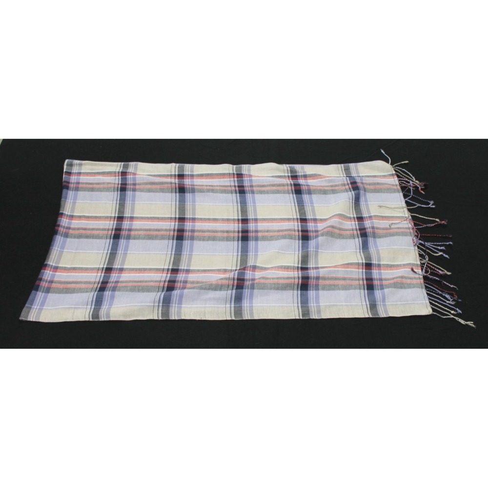 L.L.Bean Plaid Fringe Scarf Wrap Blue Pink Cream Lightweight 20x70